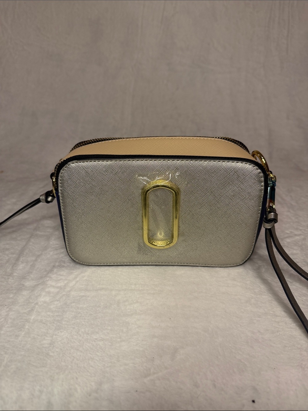 Three Tone Silver, blue and Beige Crossbody Camera Bag with Gold Accent
